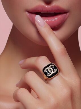 Black Enamel CC Logo Ring with Crystals